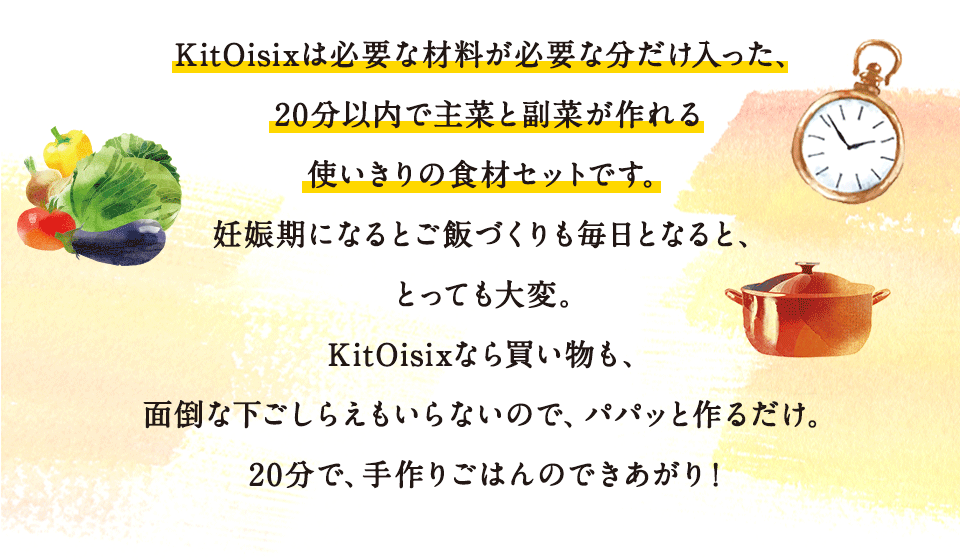 KitOisixとは20分以内で主菜と副菜が作れる食材セットです
